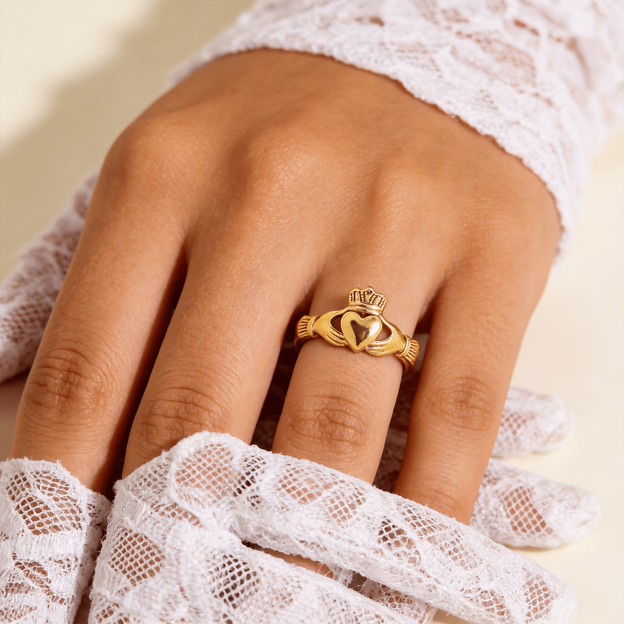 Cute Golden Stainless Steel Heart-Shaped Crown Ring